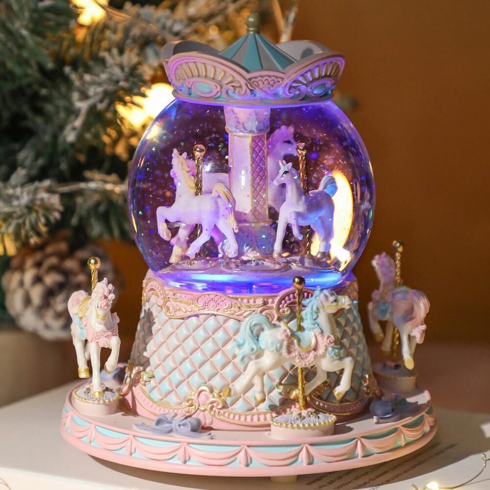 6352 Gift Wrapped Music Box Carousel Horses Color Lights Unicorn Musical